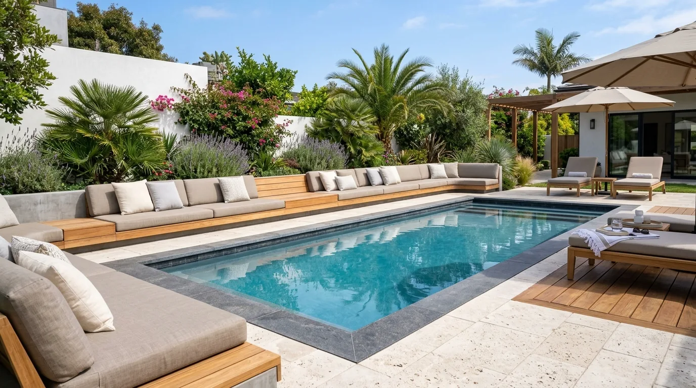 Above ground pool deck with an outdoor dining area for summer meals.