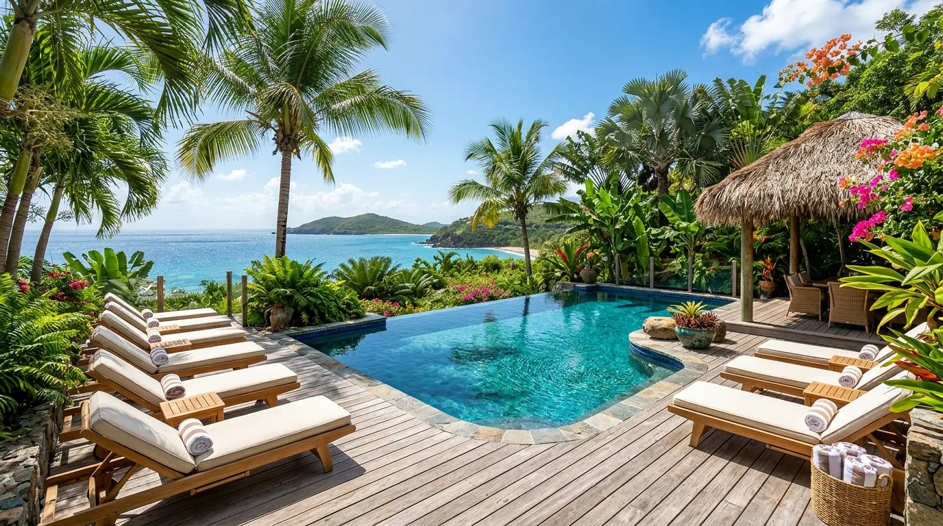Pool deck decorated with tropical planters and lush greenery around the edge.