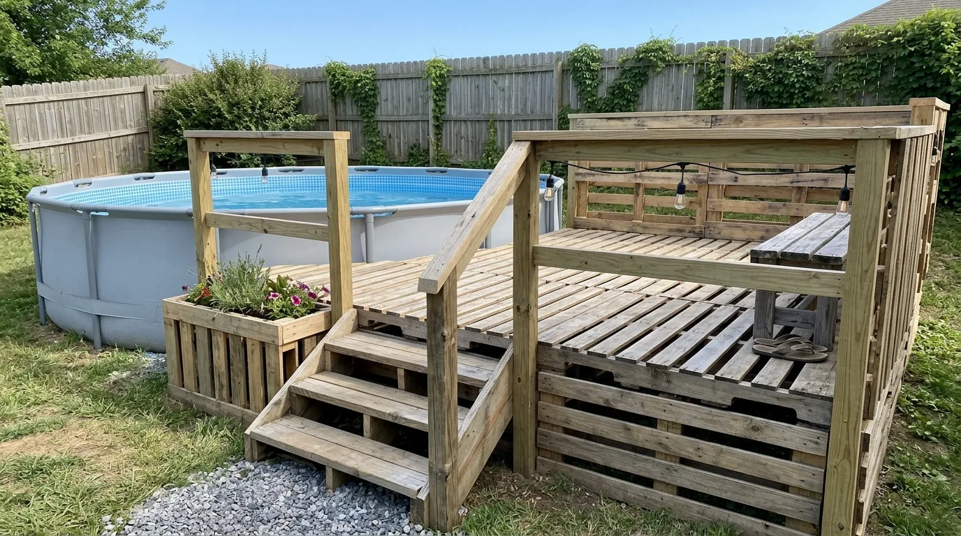 Above ground pool deck with modern black railings and clean-lined styling.