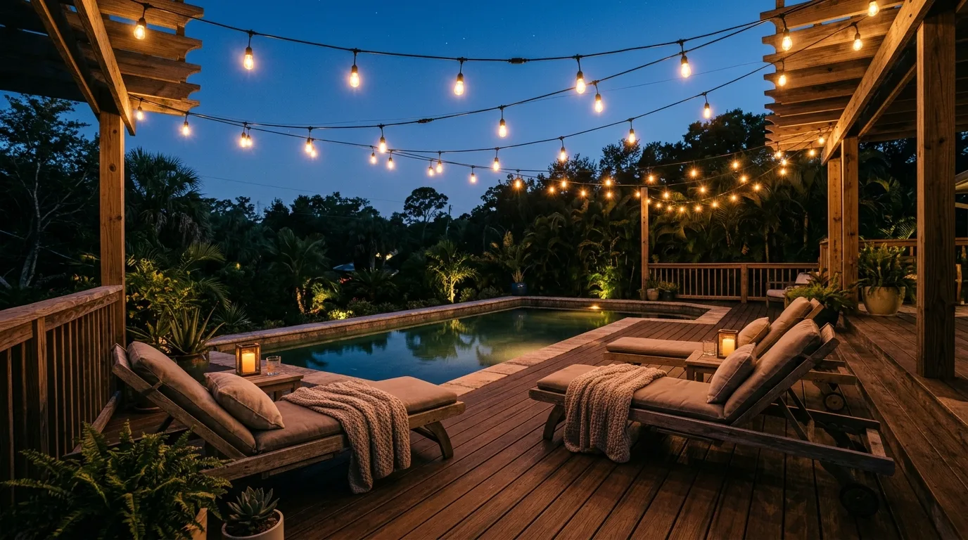 Above ground pool deck with sun loungers arranged beside the pool steps.