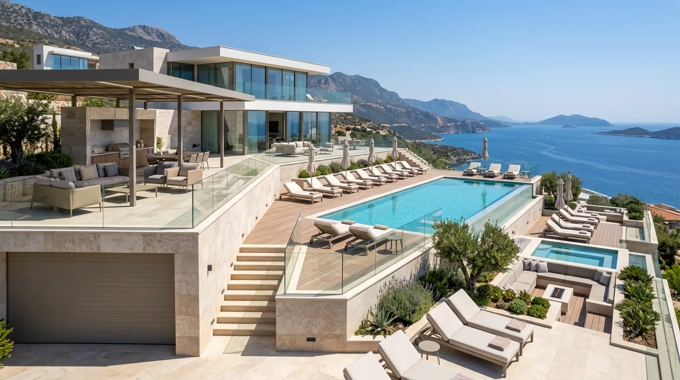 Above ground pool deck paired with gravel landscaping in a styled backyard.
