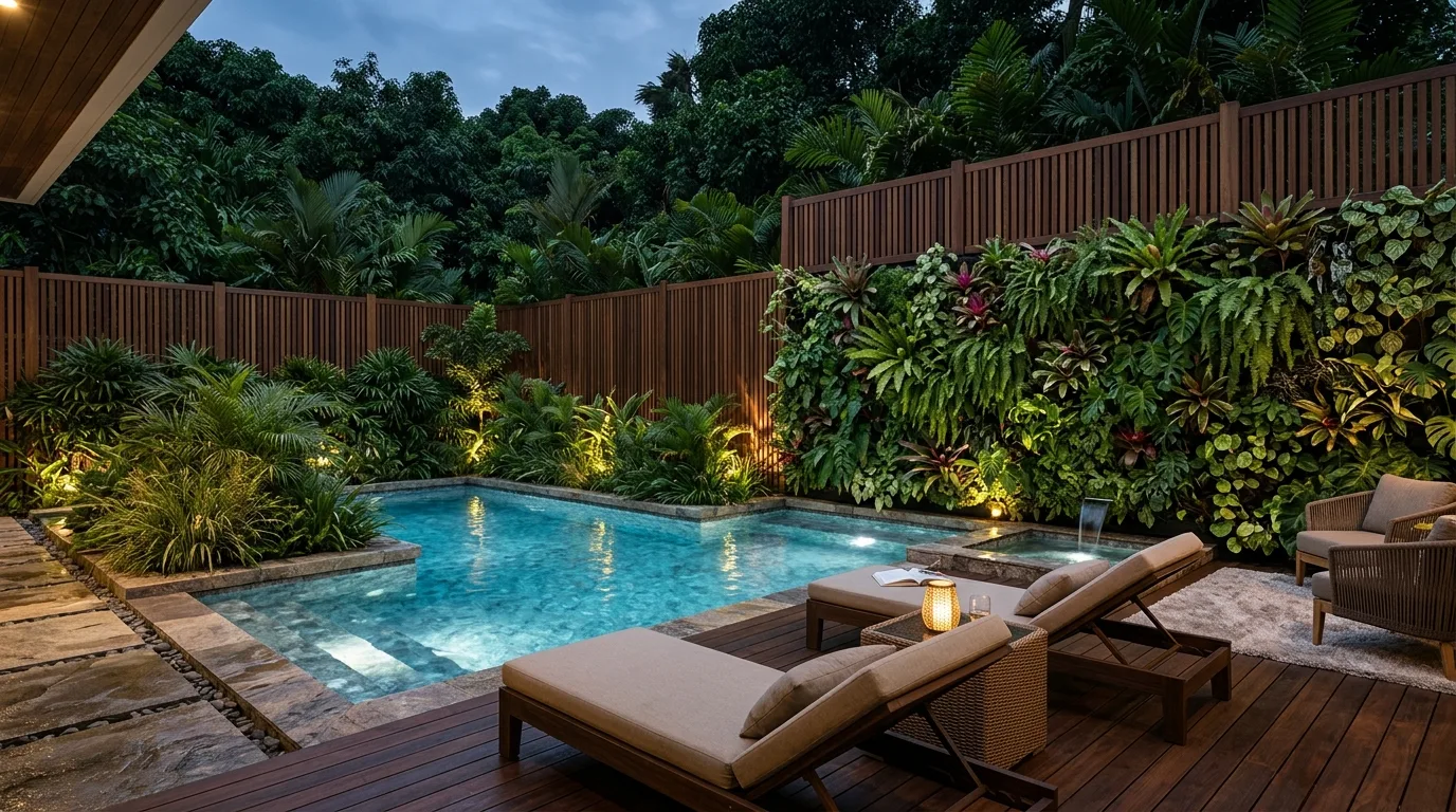 Backyard above ground pool deck glowing with evening string lights.