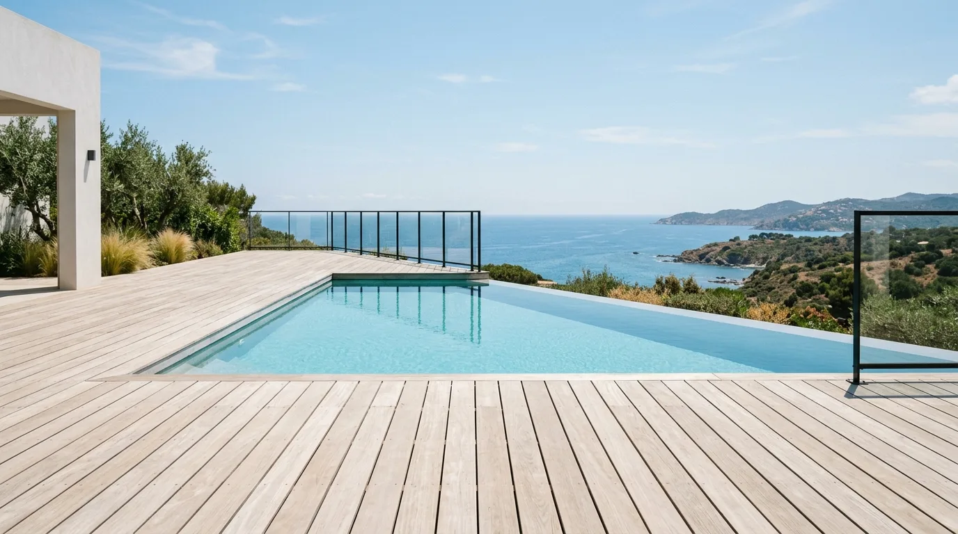 Above ground pool deck with a cabana-inspired lounge corner and soft textiles.