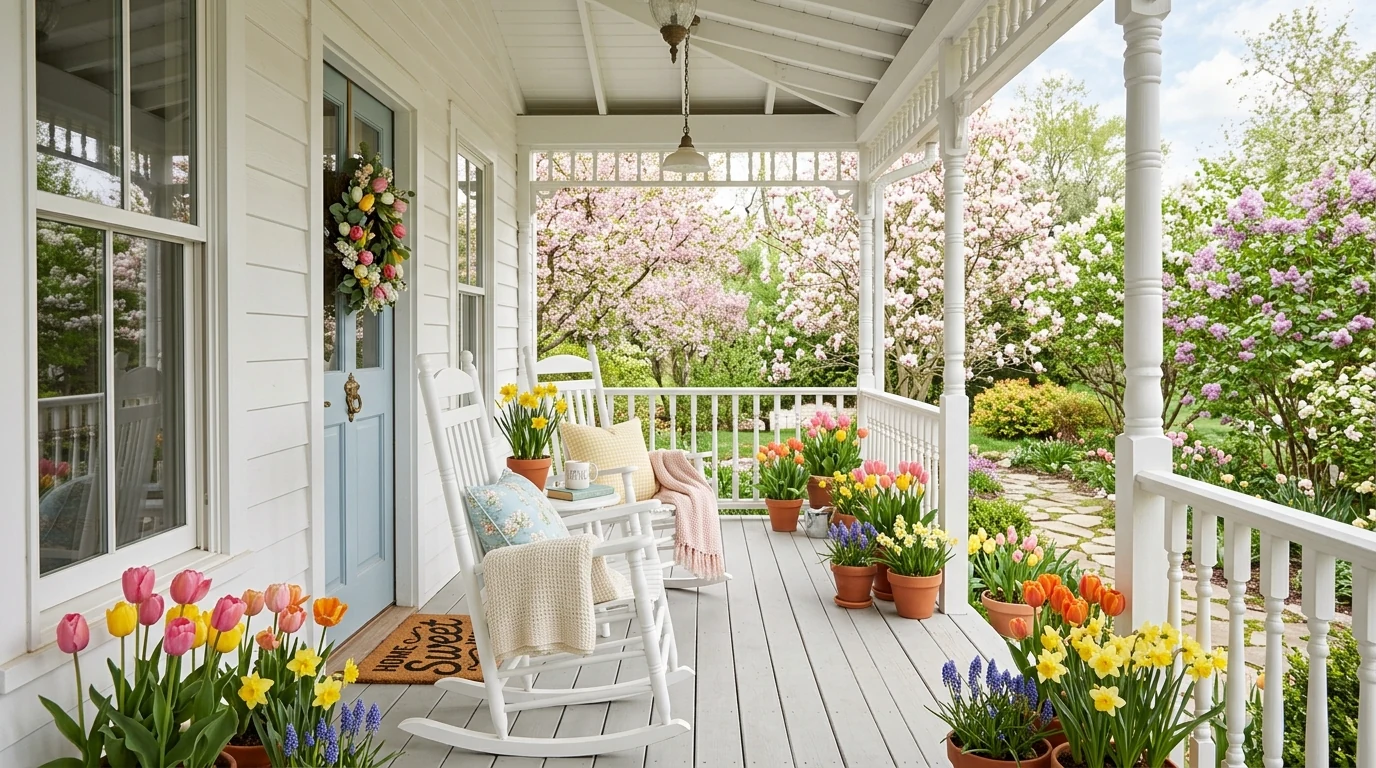 Inviting spring porch decor creating a welcoming fresh entrance.