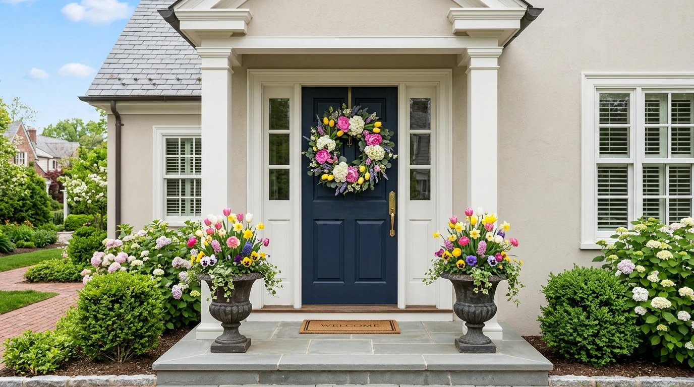 Welcoming spring porch with tulip-filled planters and branching stems.