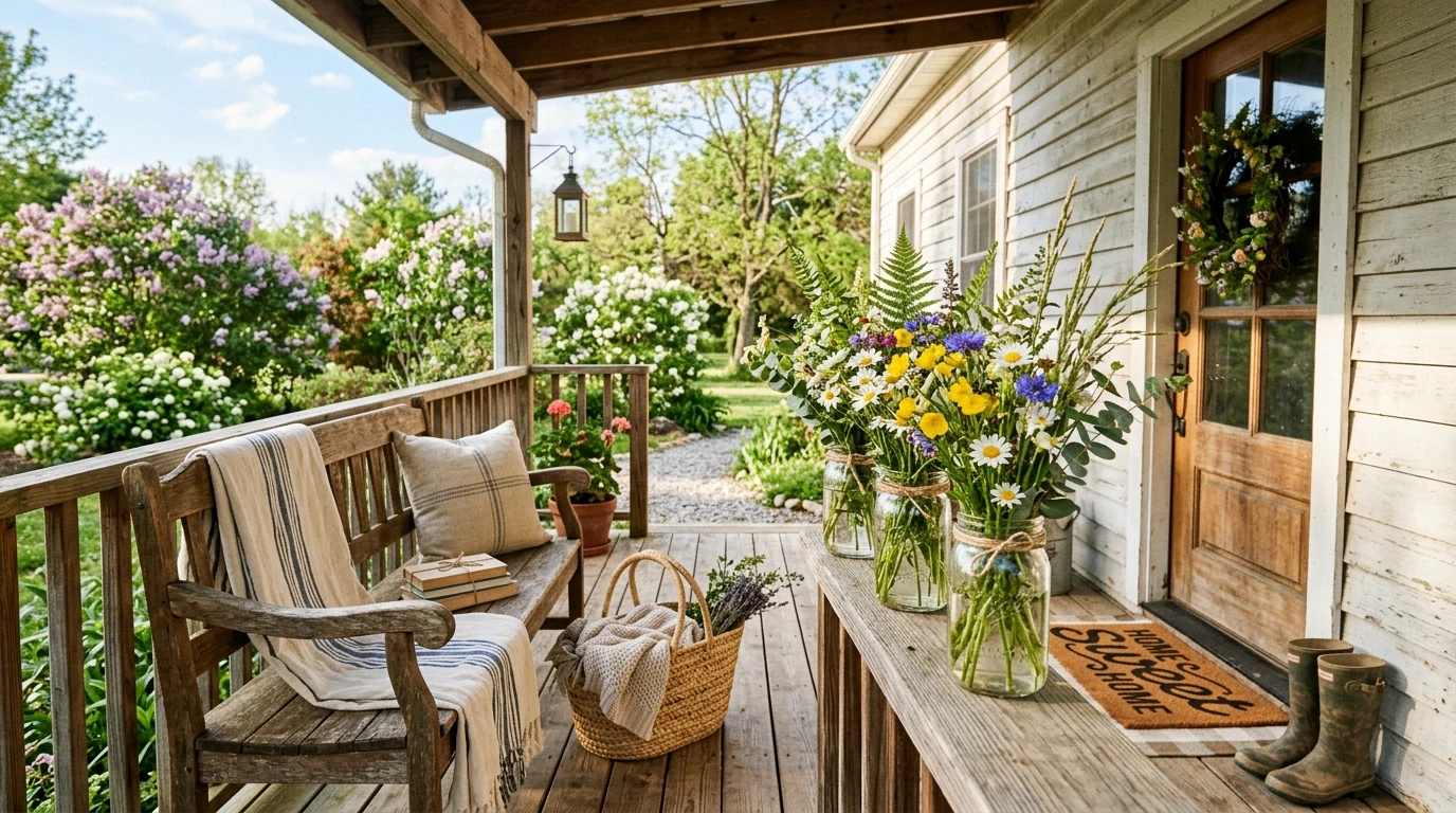 Spring front porch with layered rugs creating a welcoming entrance.