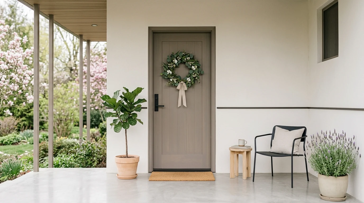 Spring porch styling with lanterns and fresh seasonal flowers.