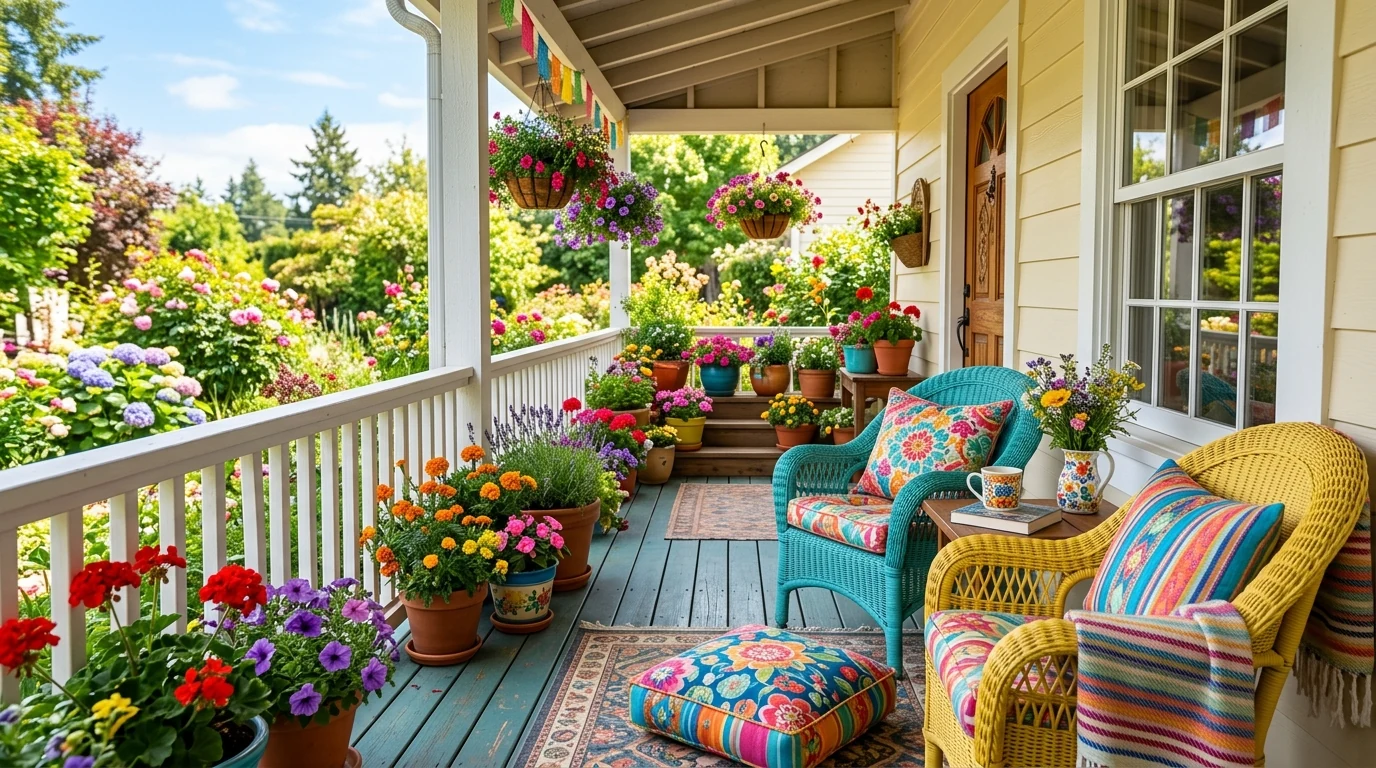 Spring porch decorated in a soft pastel palette with fresh accents.