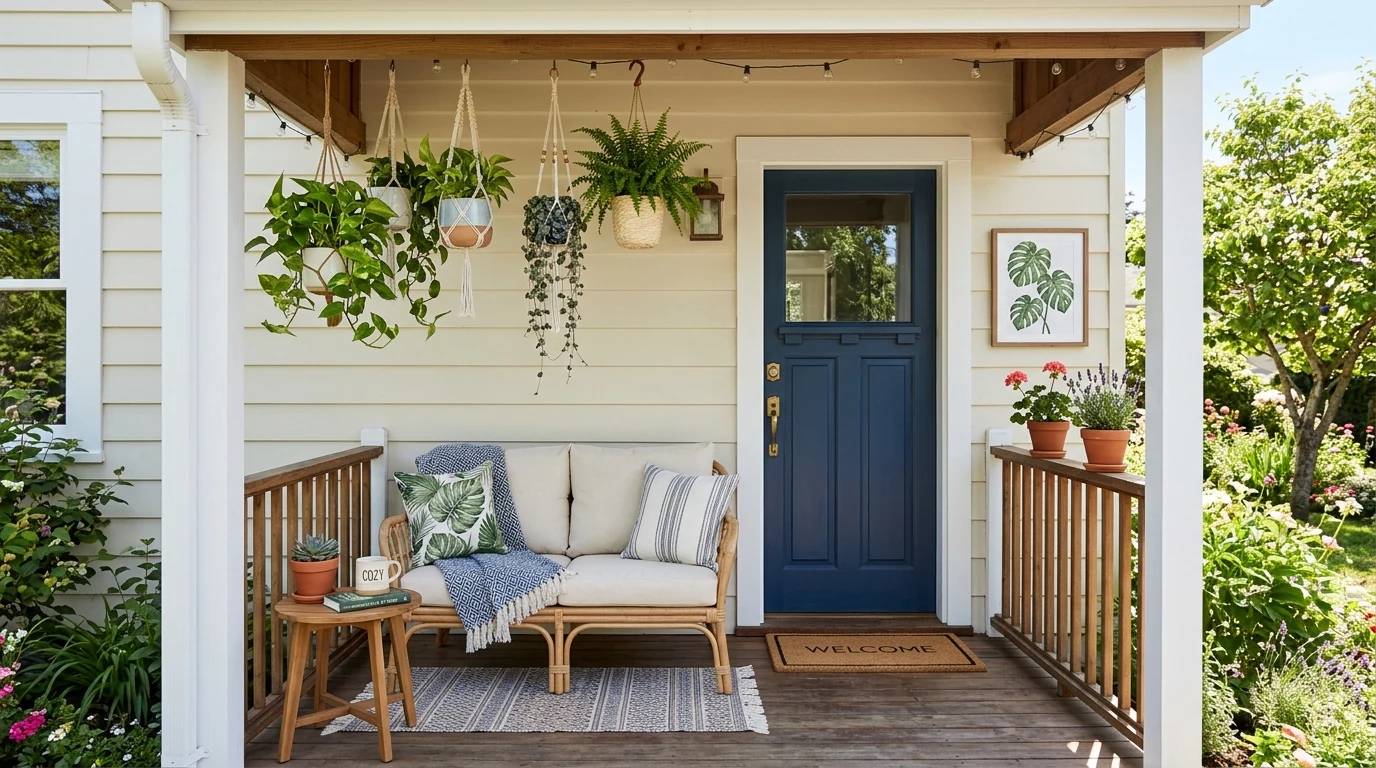 Cottage-inspired spring porch with baskets and charming garden style.