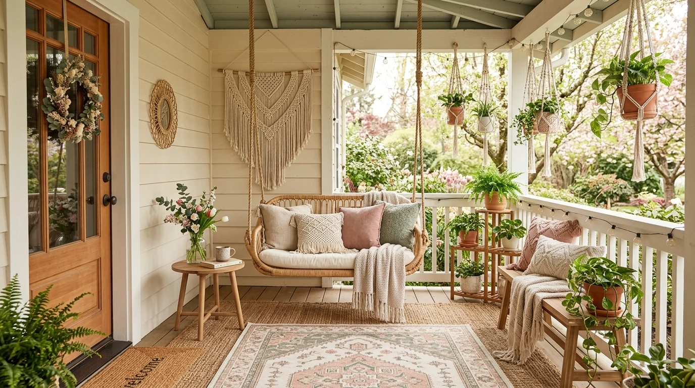 Modern spring porch in white and green with clean bright styling.