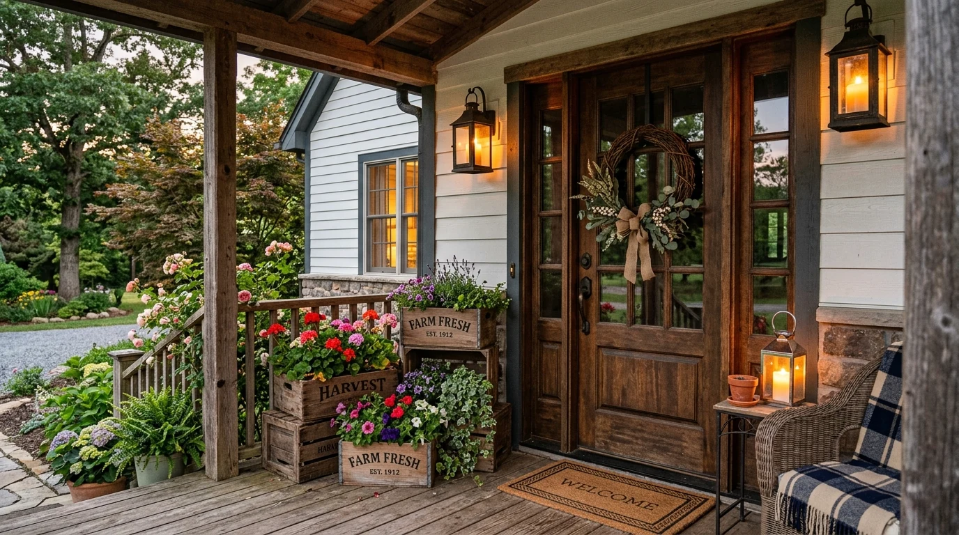 Spring porch bench styled with light cushions and fresh seasonal decor.