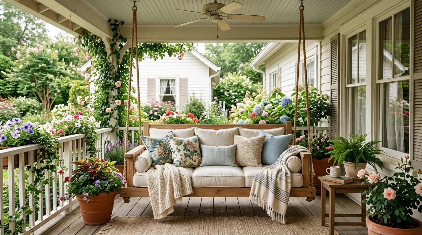 Welcoming spring entrance with symmetrical planters framing the front door.