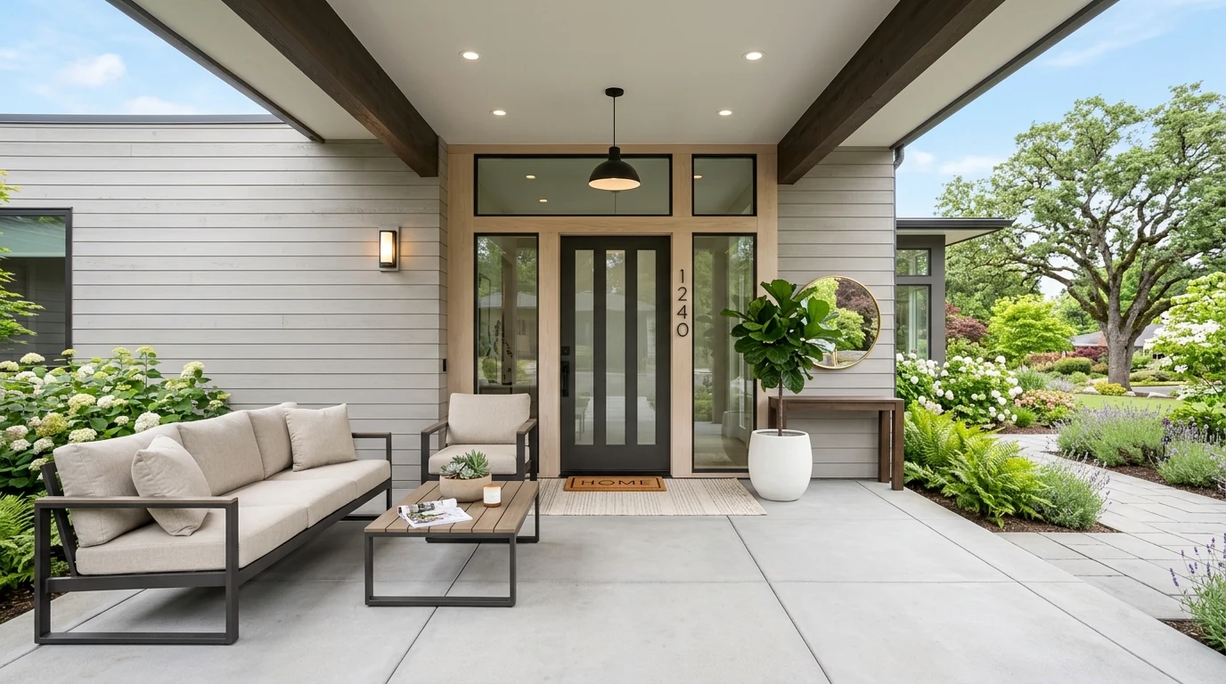 Playful spring porch with flowers styled in a watering can or boot planter.