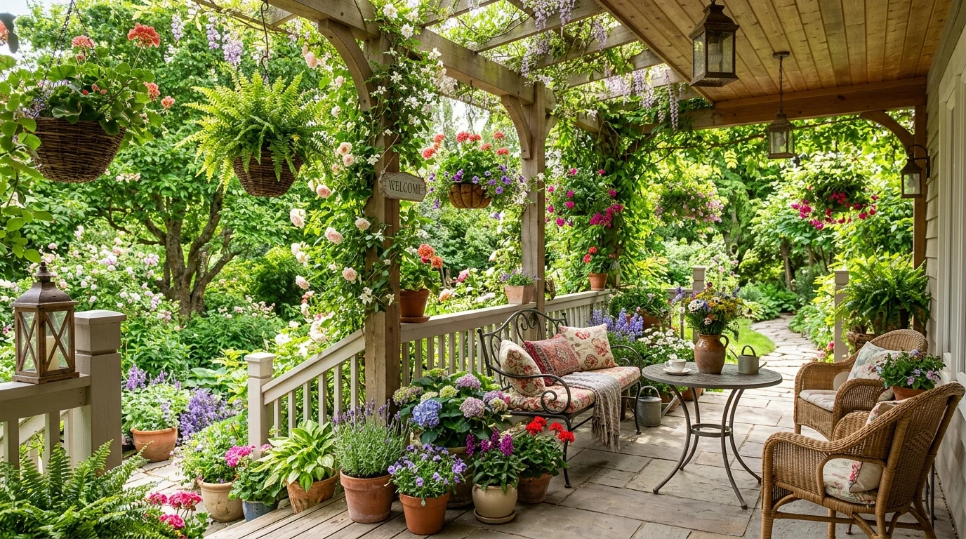 Neutral spring porch with one bright pop of bloom color at the entrance.