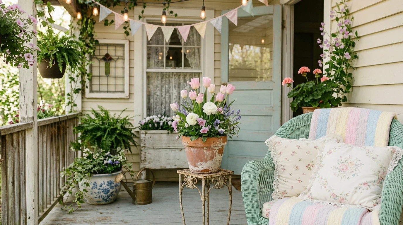 Spring porch with a vertical greenery accent creating more height.