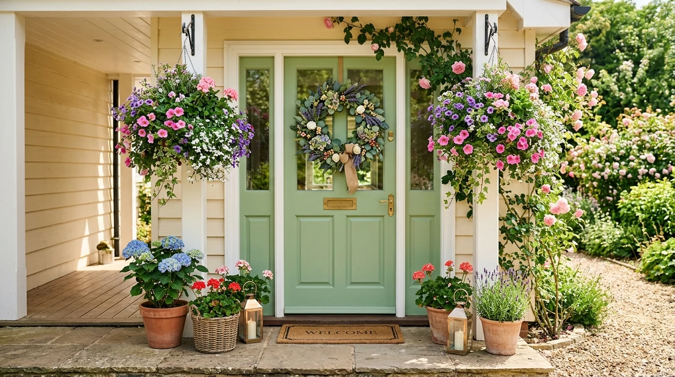 Welcoming spring porch with natural texture and fresh floral styling.