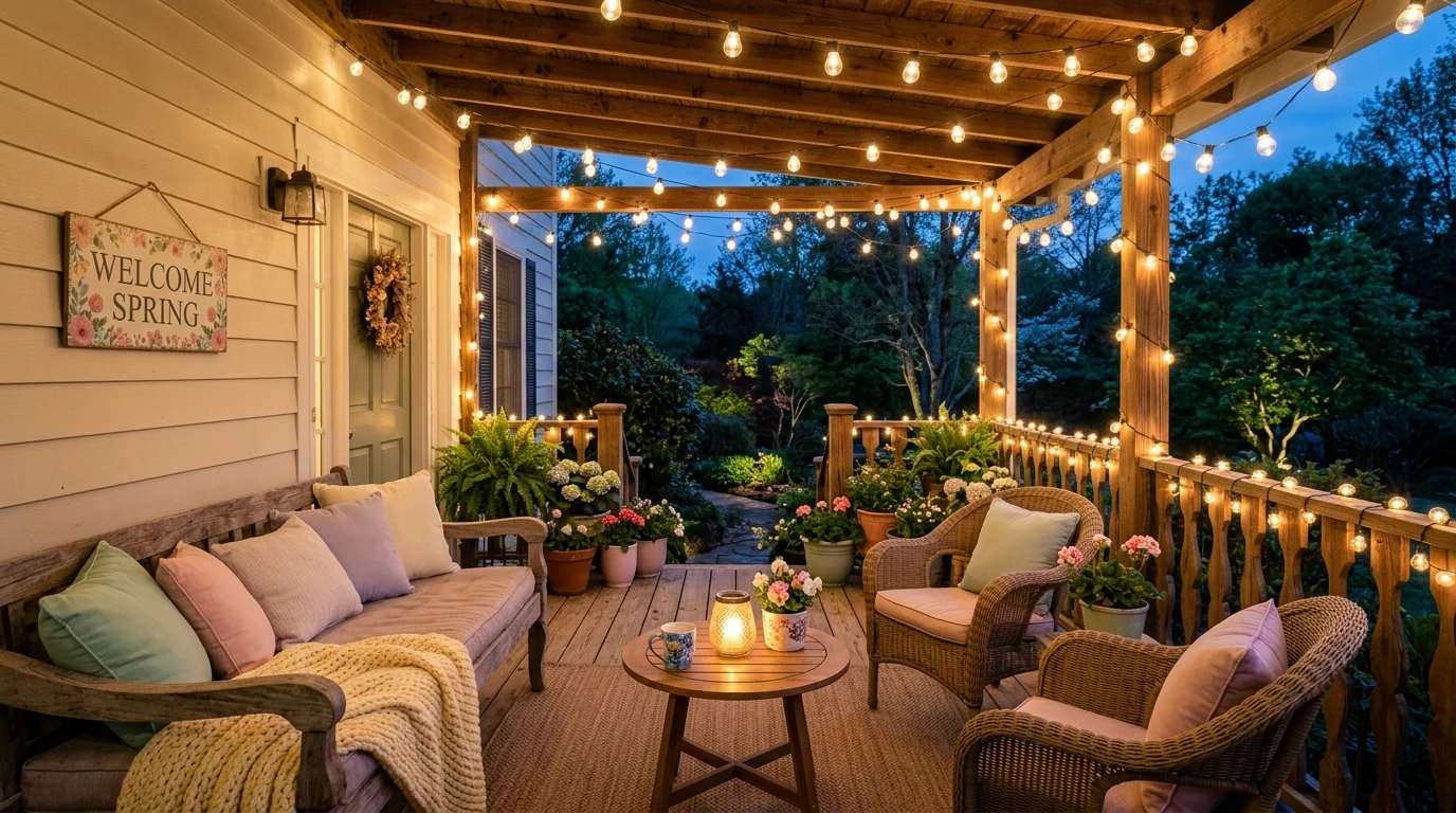Layered spring porch styled for bright welcoming seasonal curb appeal.