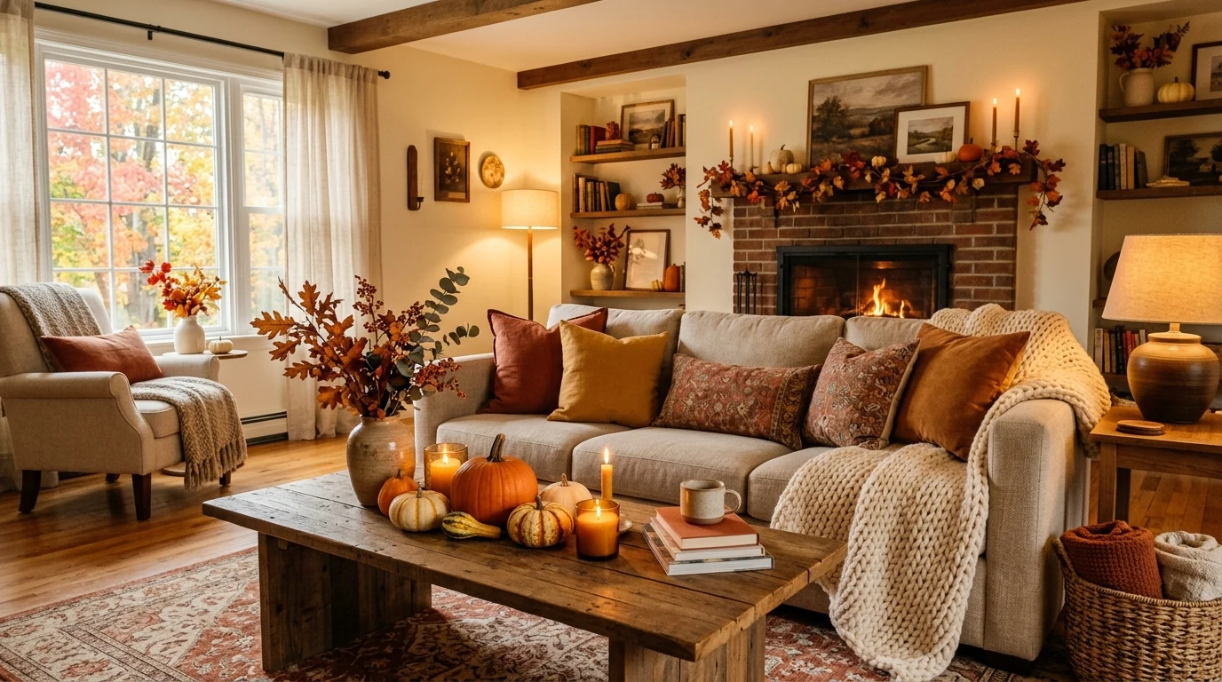 Inviting fall living room decorated for seasonal comfort and warmth.