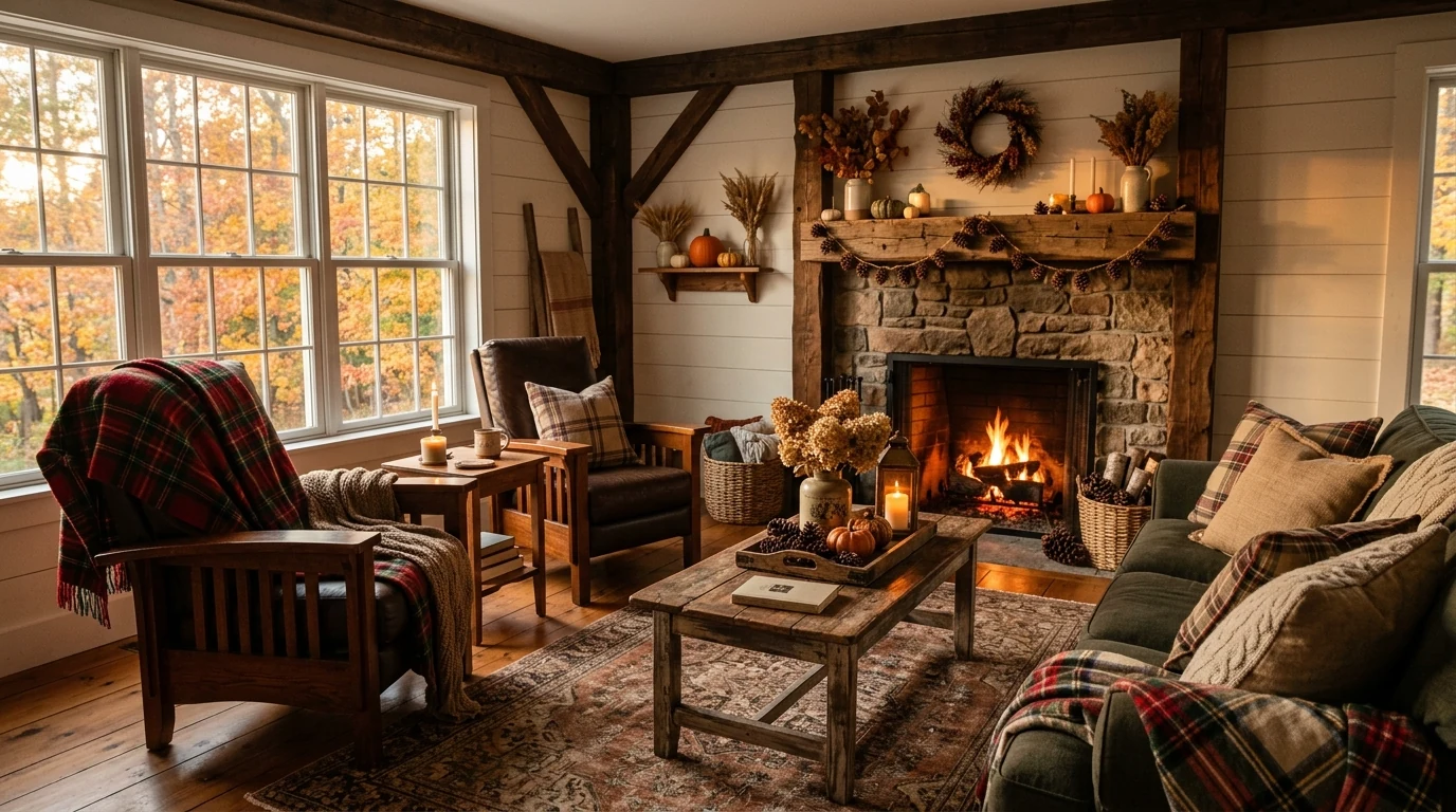 Living room decorated for fall with velvet pillows in autumn tones.