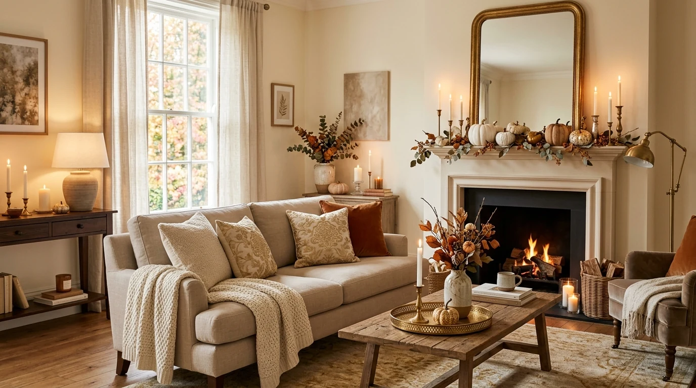 Fall coffee table styled with pumpkins, candles, and seasonal decor.