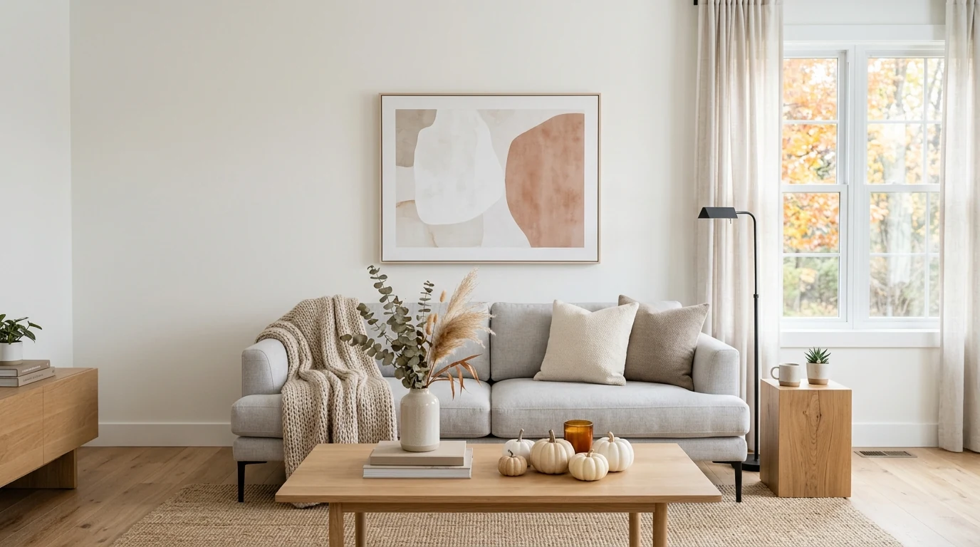 Cozy fall living room with warm ambient lighting and seasonal comfort.