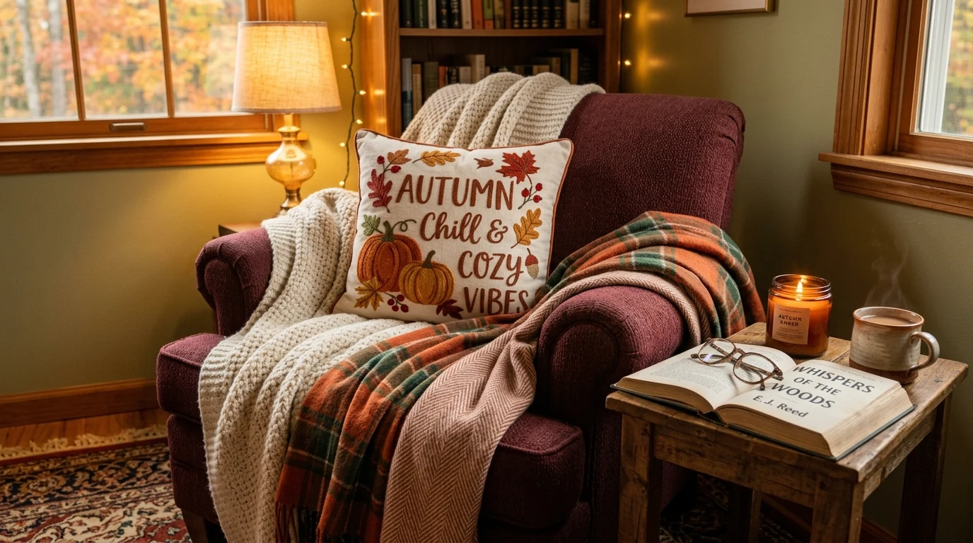Fall living room with coordinated mantel and sofa decor in warm seasonal colors.