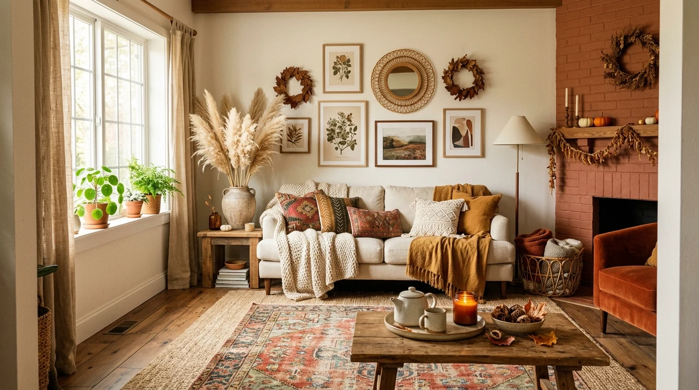 Autumn living room styled with natural wood and basket textures.
