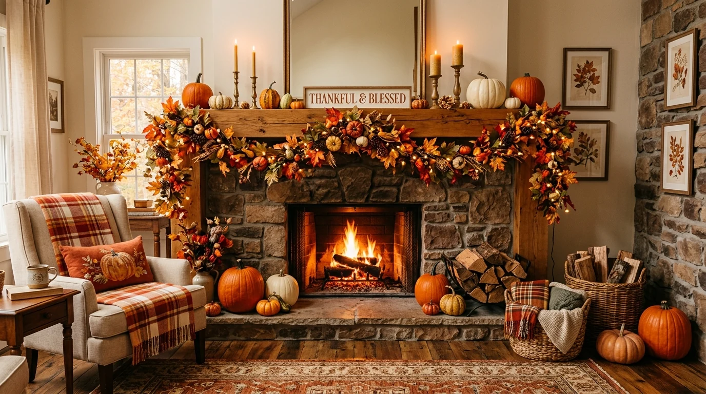 Moody fall living room with rich seasonal decor and darker wall tones.