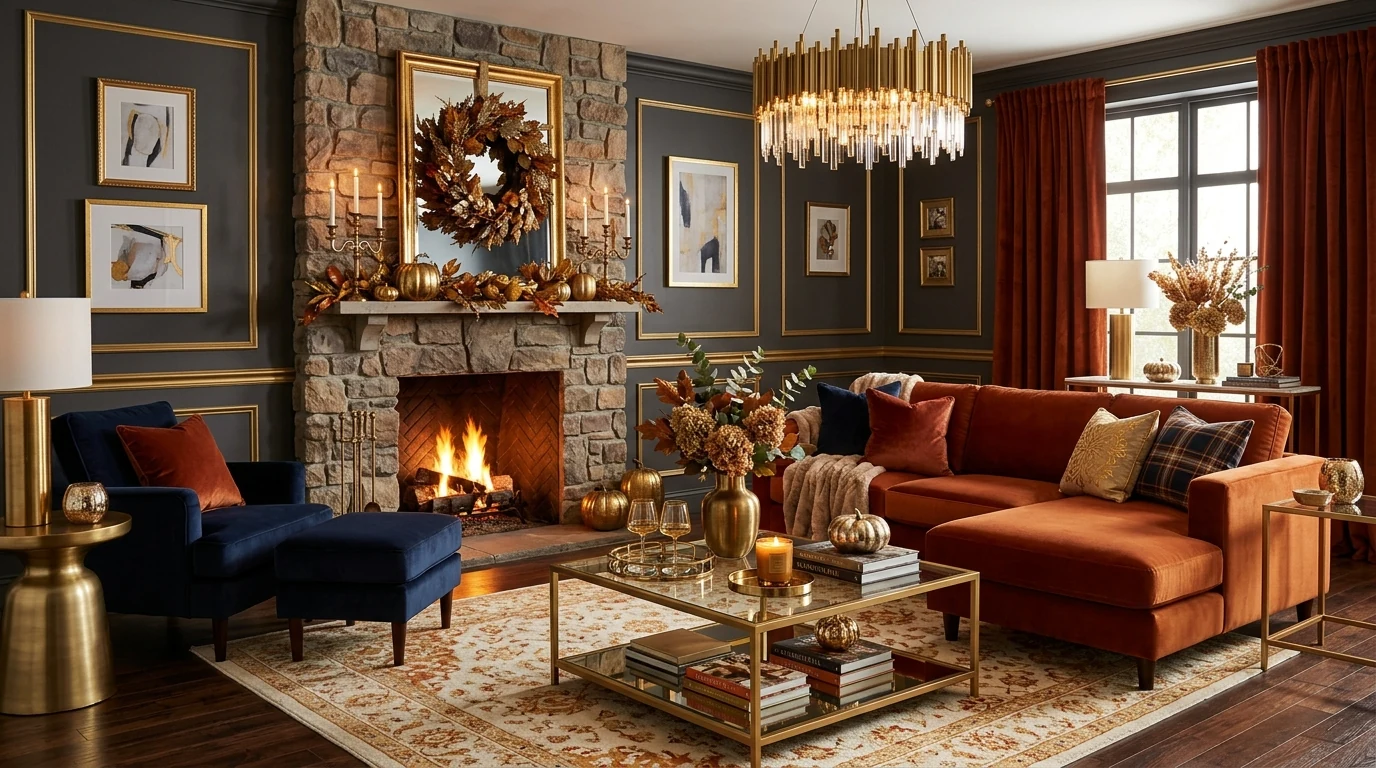 Neutral living room decorated with subtle fall harvest accents.