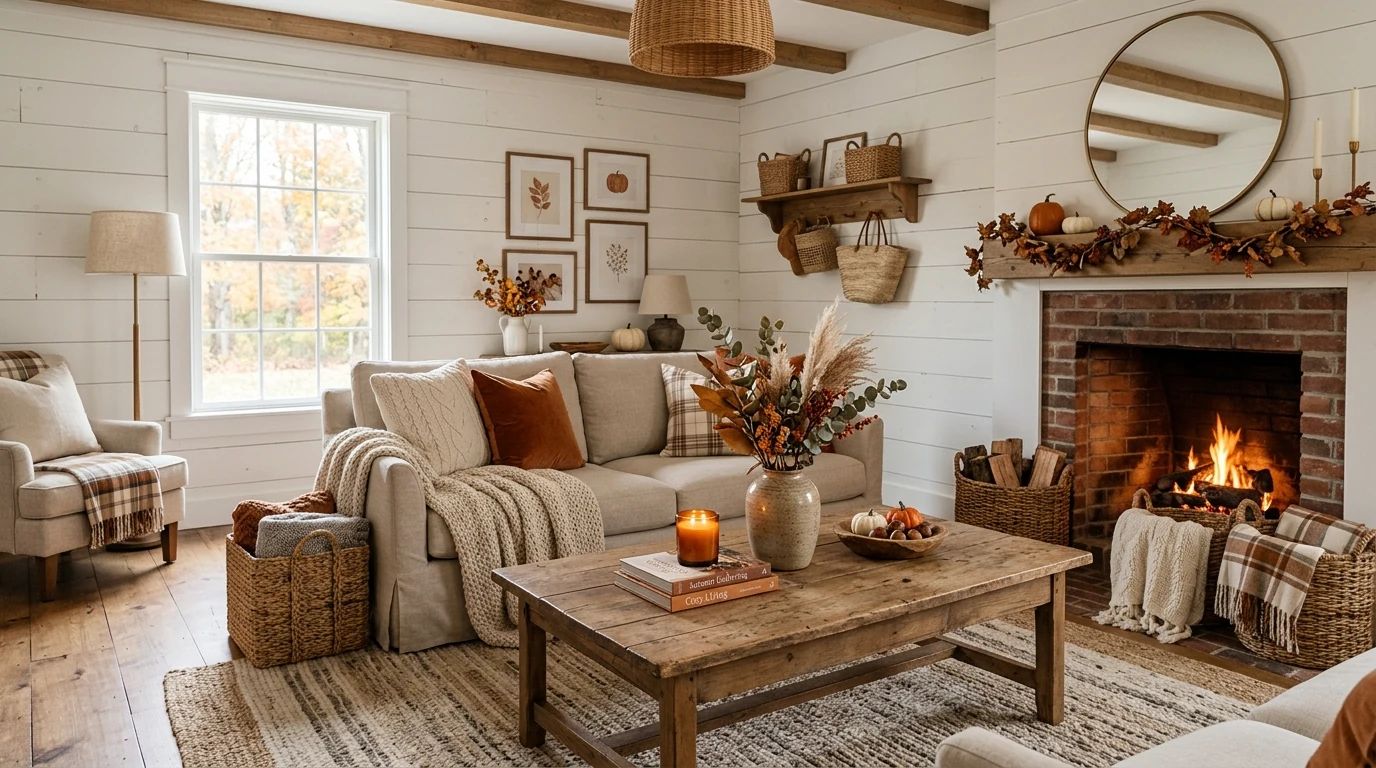 Fall living room bookshelf decorated with candles and autumn accents.