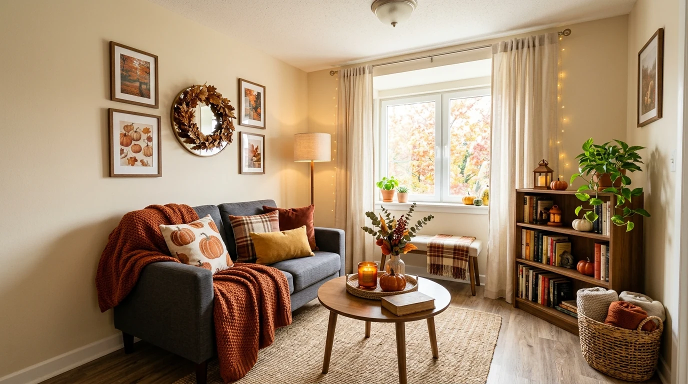 Cozy fall living room with plaid and knit layers on seating.
