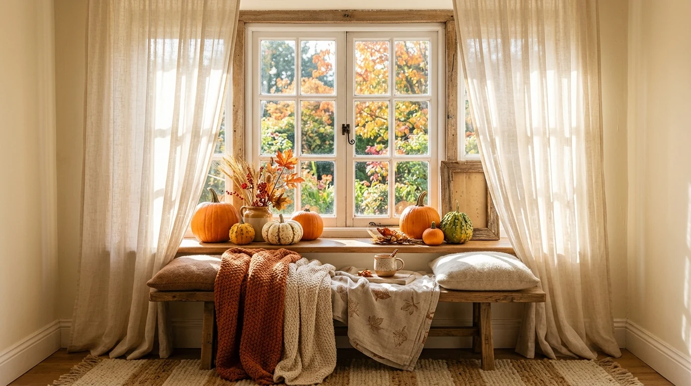 Autumn living room corner styled with dried branches in a tall vase.