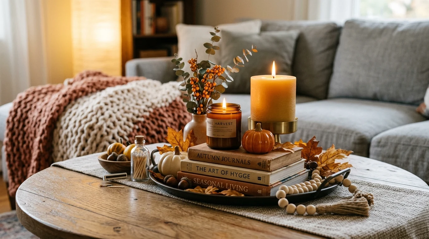 Fall living room console styled with grouped candles and seasonal decor.