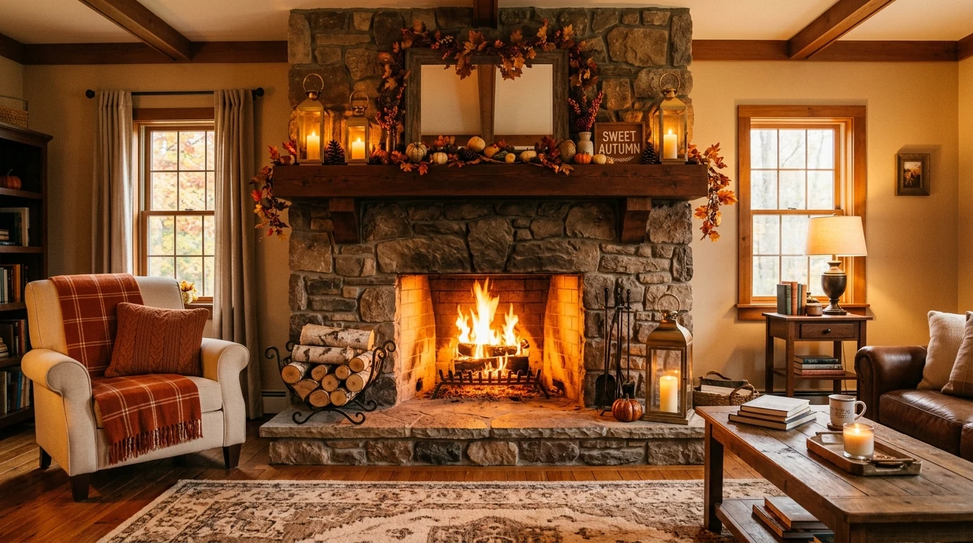 Fall living room with earthy rug tones and warm seasonal upholstery.