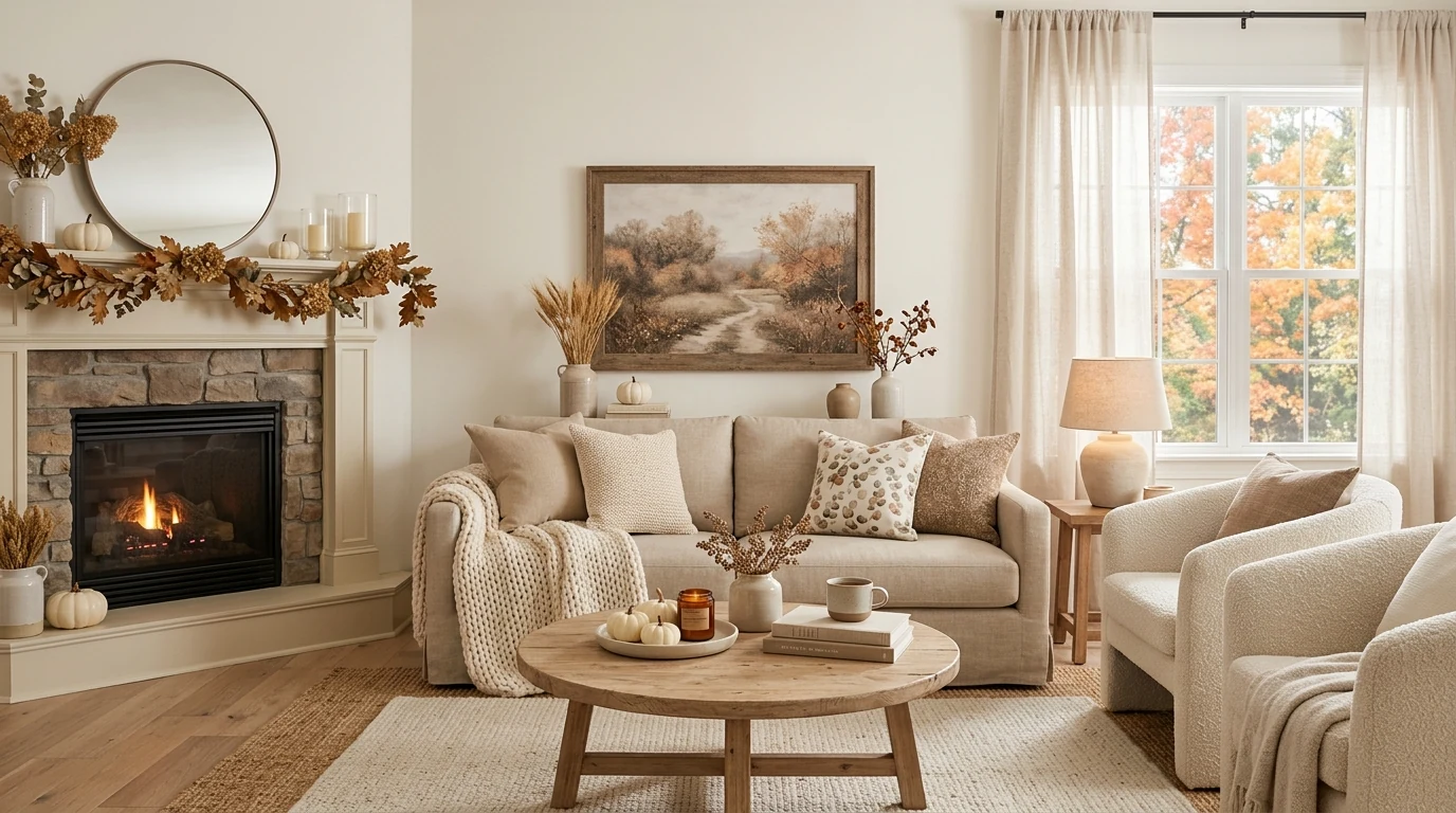 Inviting fall living room with edited seasonal decor and warm comfortable styling.