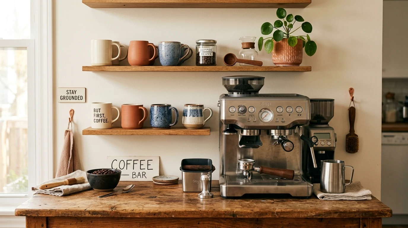 Inviting stunning home coffee bar styled for a beautiful morning ritual.