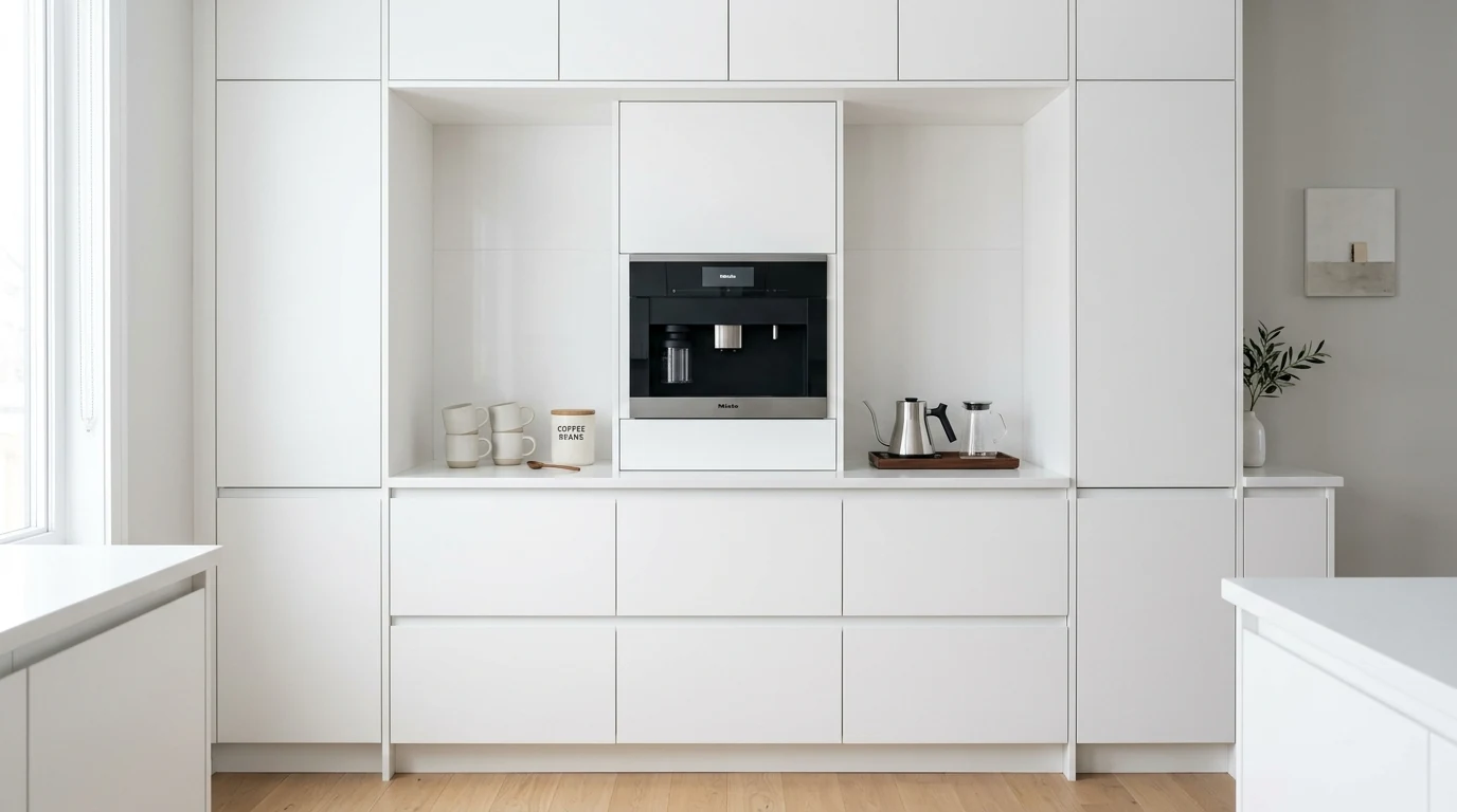 Home coffee bar with floating shelves for mugs and coffee syrups.