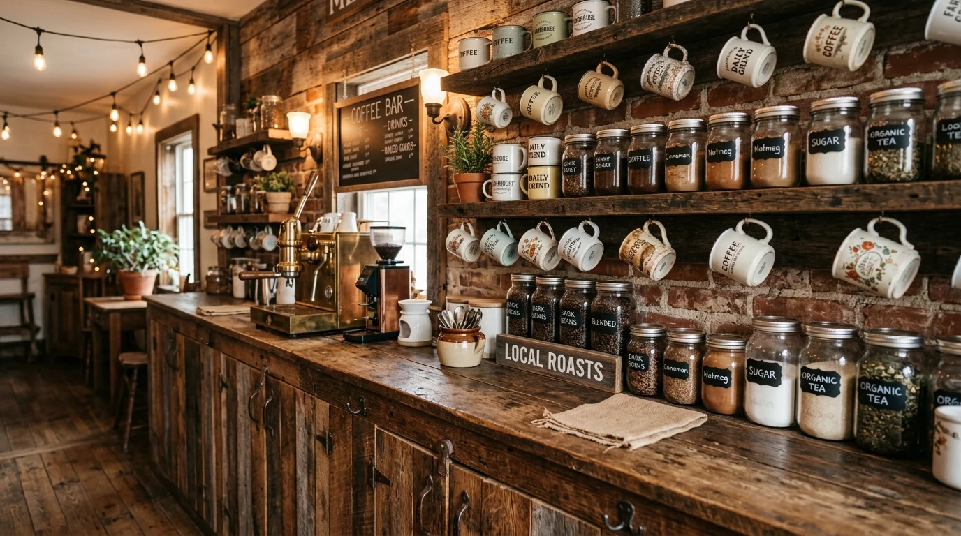 Small home coffee bar nook arranged in a compact cozy corner.