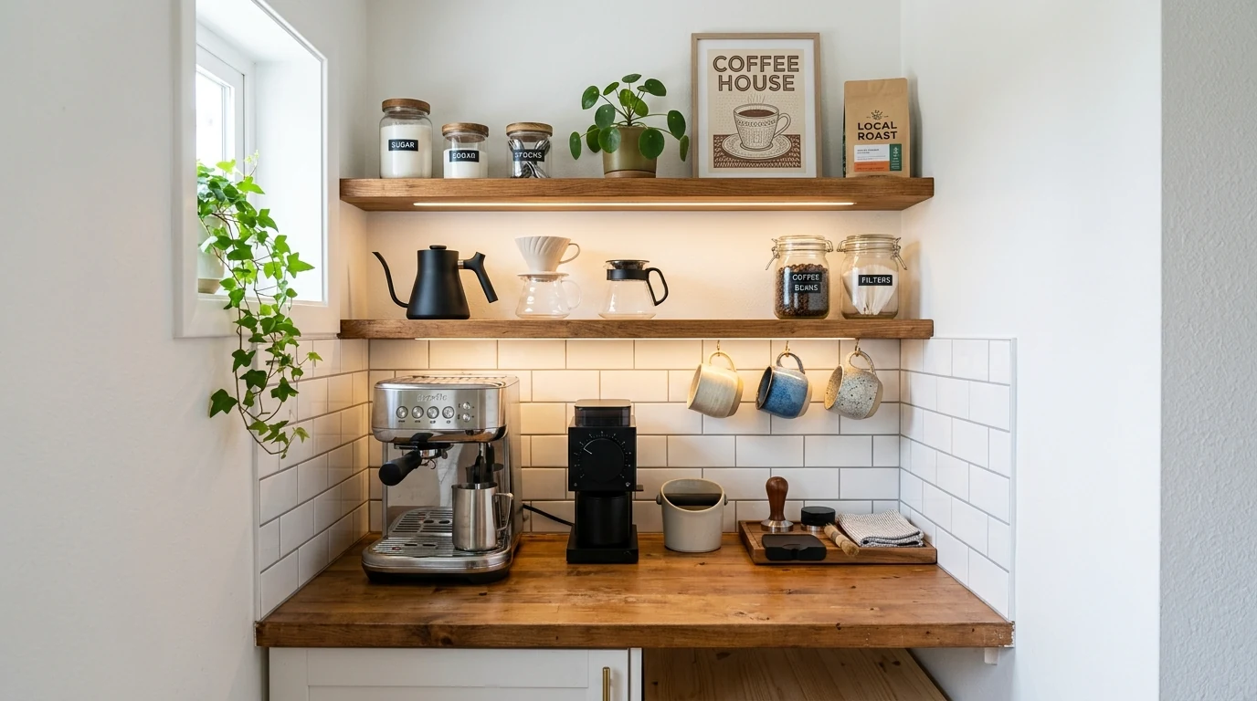 Stylish home coffee bar tucked into a cabinet garage for a polished look.