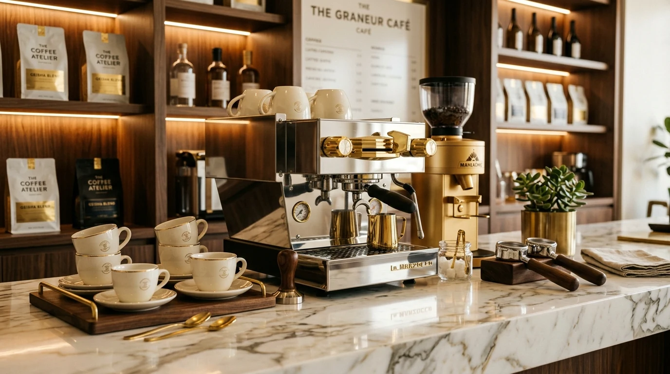 Inviting home coffee bar arranged on a stylish rolling cart.