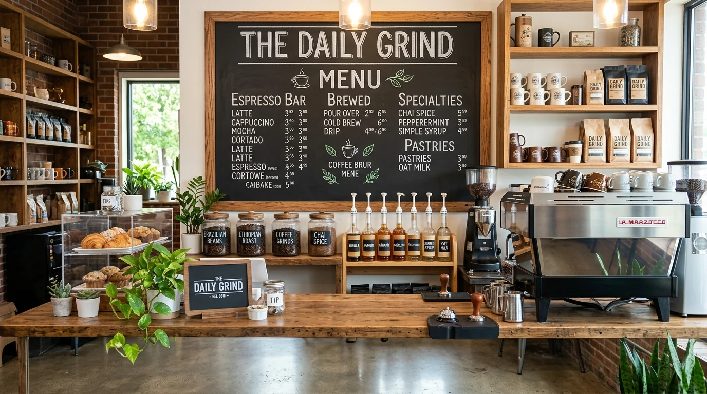 Minimal home coffee bar with a cohesive warm-toned color palette.