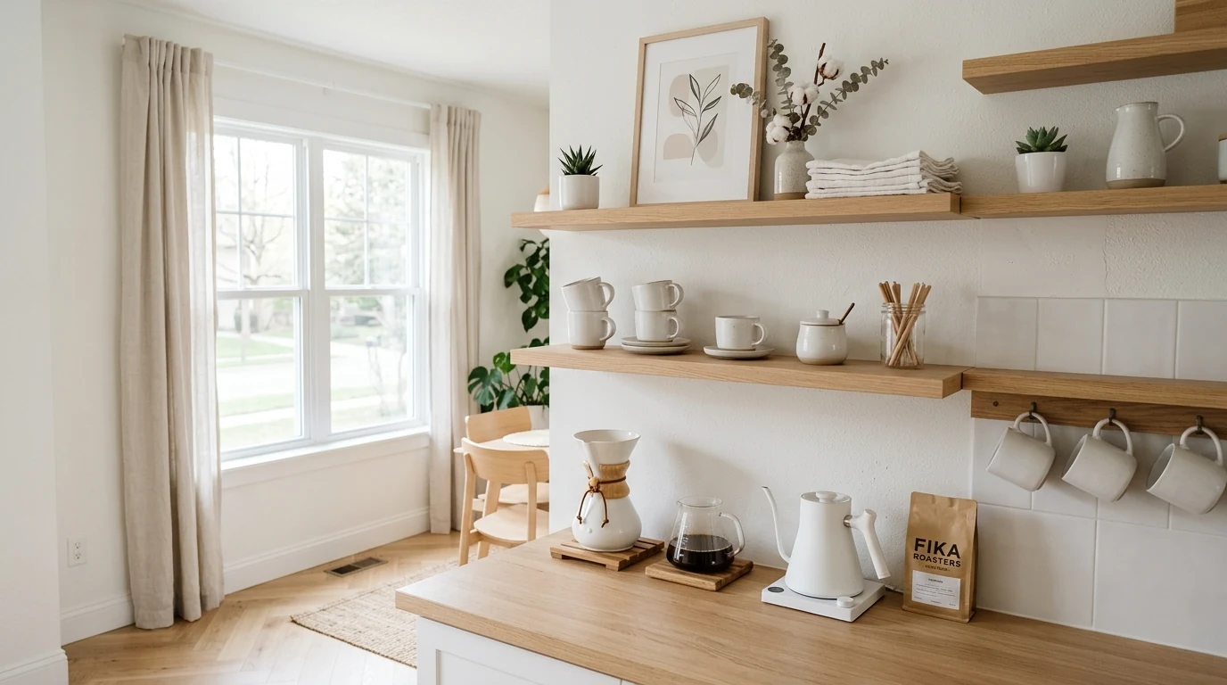 Cafe-inspired home coffee bar with playful signage and neat styling.