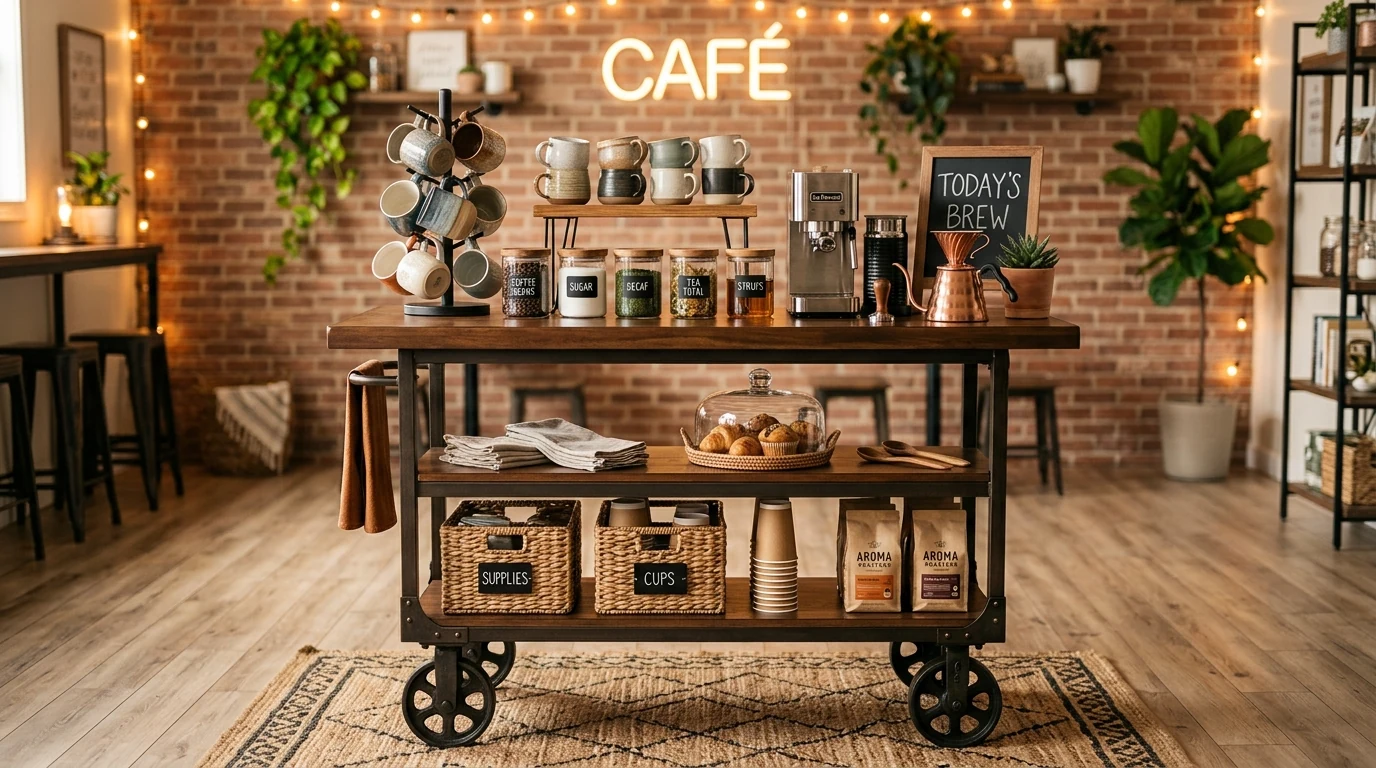 Organized home coffee bar with drawer storage for pods and tools.