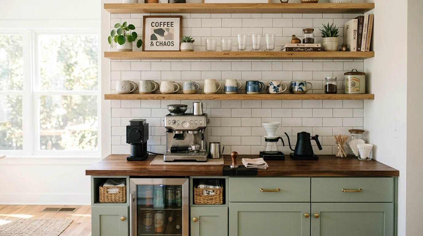 Home coffee bar styled with seasonal accents for a cozy morning ritual.