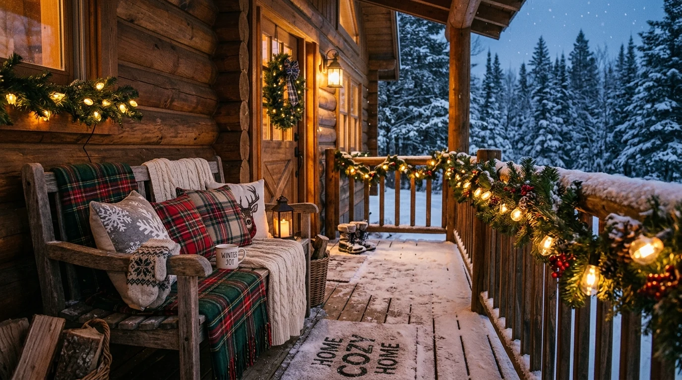 Inviting winter porch decor creating a cozy cold-weather welcome.
