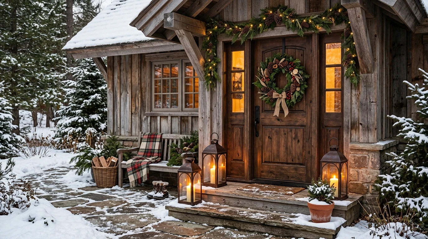 Cozy winter porch decorated with lanterns and candlelight on the steps.