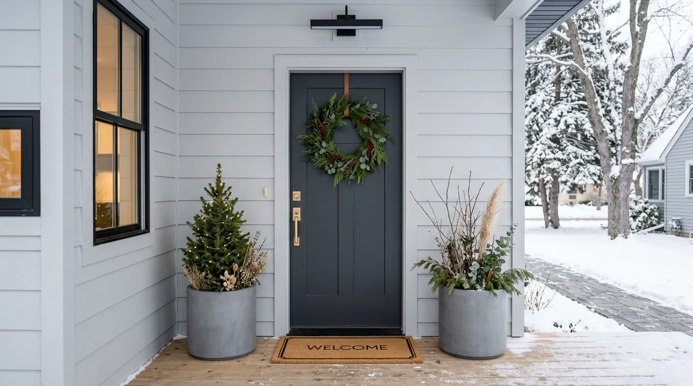 Winter front door wreath styled with soft scarf-like ribbon.