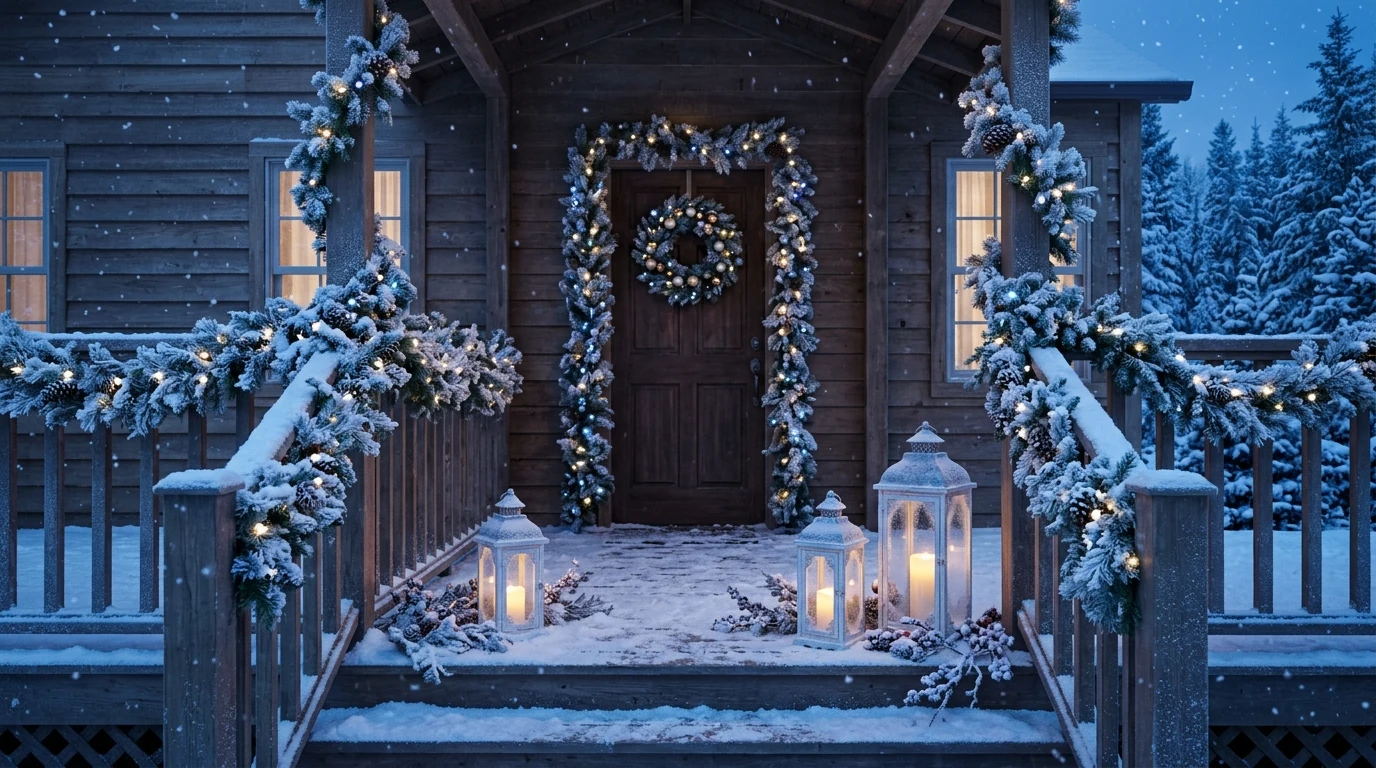 Winter porch with layered doormats adding pattern and seasonal texture.