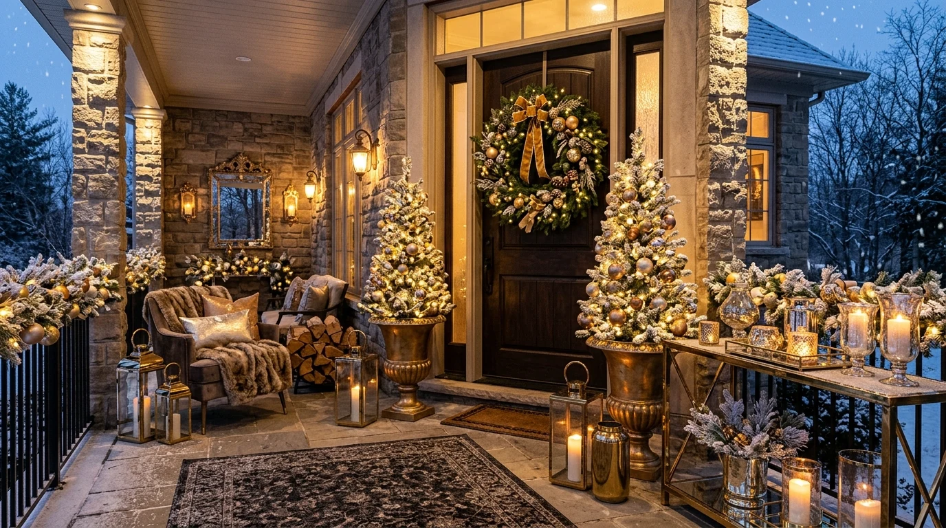Winter porch decorated with a wooden sled and nostalgic seasonal styling.