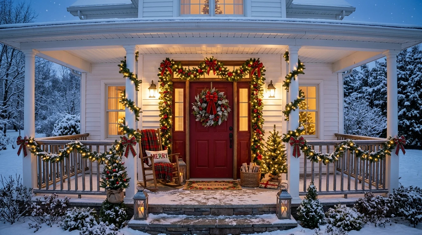 Inviting winter porch bench styled with blankets and seasonal pillows.